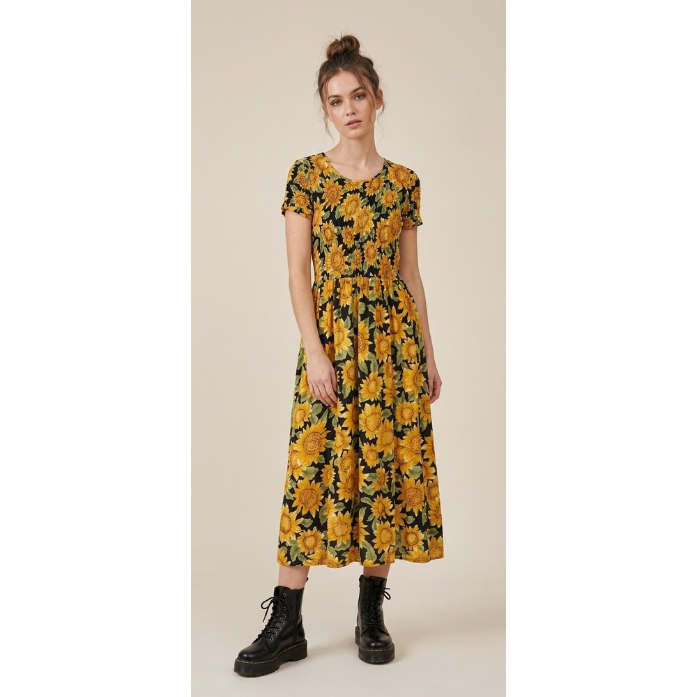 Vintage 90s Implements Maxi Dress Medium Black Yellow Sunflower Smocked Floral